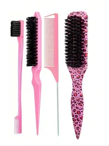 4-Piece Men's Oiled Hair and Beard Brush Set, Long-Handled Beard Cleansing Brush, Oiled Comb and Hairbrush, Solid Color, Straightening Comb, Hair Styling Combs, Men's Beard Styling Comb, Leopard Print Comb, with Hair End Tool, Hairbrush