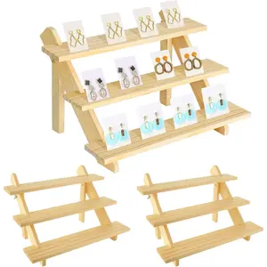 2 Pack 3-Tier Wooden Display Stand – Detachable Wood Jewelry Card Holder, Cupcake & Earring Display Organizer for Vendors, Retail, Party, Home