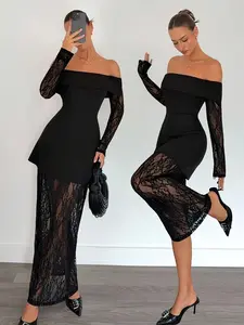 Elegant Chic Women's Lace Splicing Long Sleeve Off-Shoulder Long Dress, Fitted Slimming Design for Dating and Weddings, Perfect for Special Occasions Formal Wear, Chic Elegant Aesthetic
