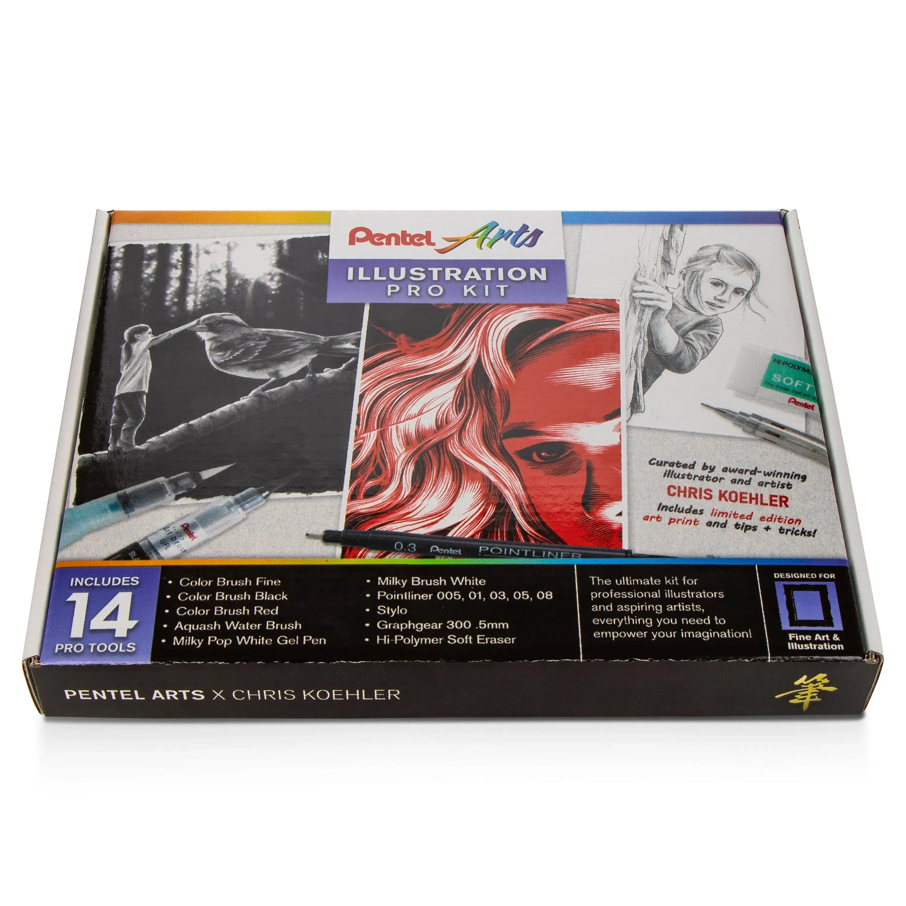 Pentel Arts Illustration Pro Kit Children's Activity Book for Artists, Curated by Chris Koehler with Expert Instruction, Build Skills Progressively, Includes Personal Tips and Chris Koehler-Signed Print, Collector's Edition, English