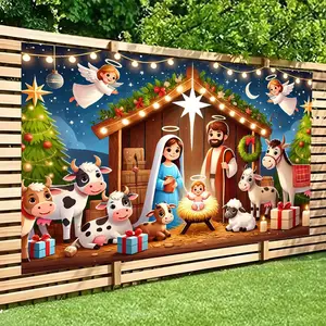 1pc 2D Flat Christmas Nativity Scene Backdrop Banner, Polyester Material Festive Decor with Shepherds Family Theme, Electricity-Required Religious Story Ornaments for Indoor/Outdoor Party Use