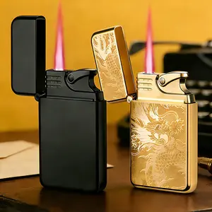 Windproof Outdoor Metal Jet Lighter, with Adjustable Red Flame Torch Ignition, Heavy-Duty Refillable Butane Gas Lighter, Suitable for Camping, Bbq & Cigarettes-Portable Men's Gift, Without Battery (Butane Gas Not Included)