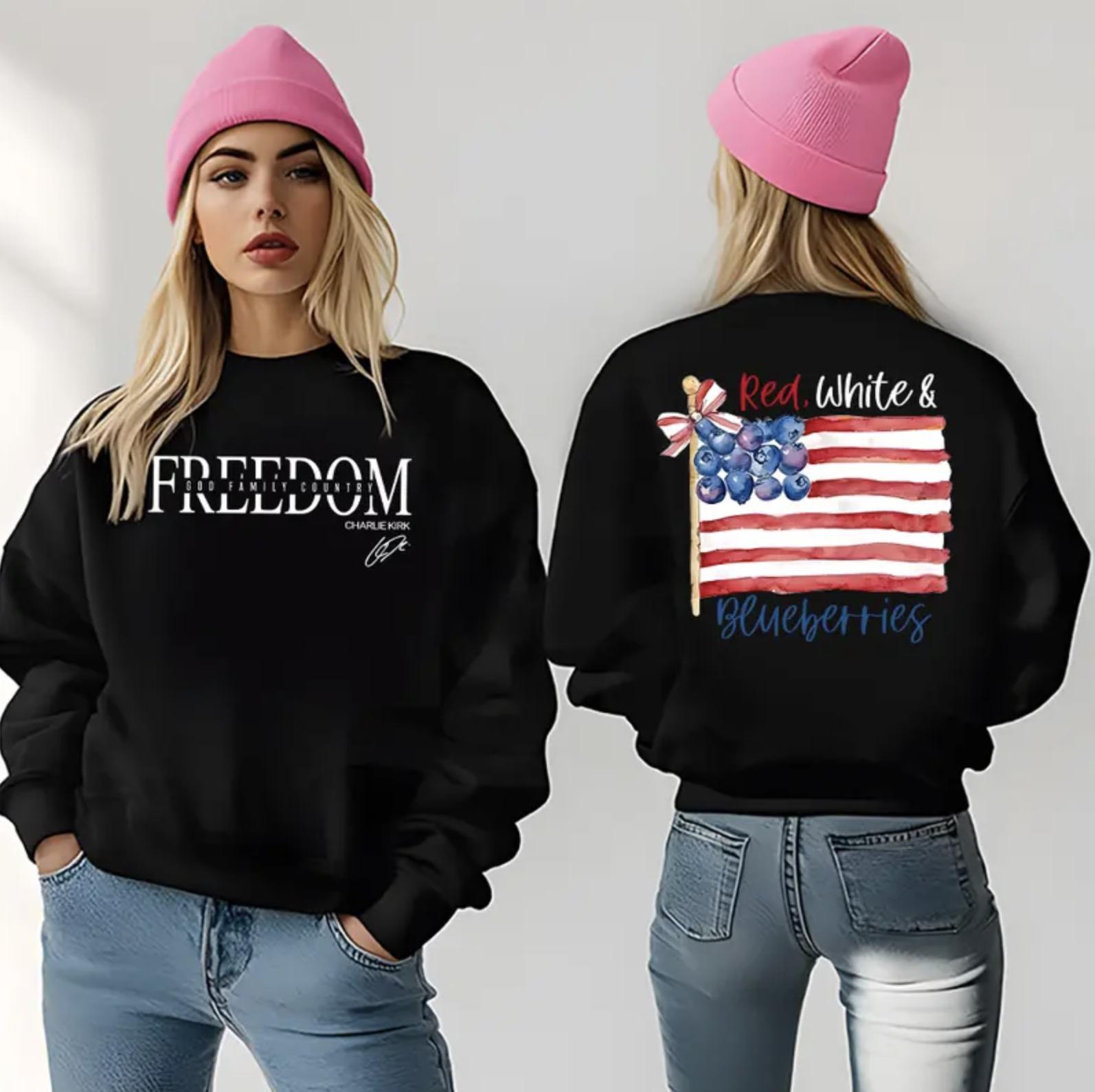 Freedom Charlie Kirk Hoodie, Red White Blueberries Flag Tee, Patriotic USA Shirt, God Family Country Hoodie, Republican, Pro Trump, Charlie Kirk, Gift For Men And Women, Full Sizes, Full Colors