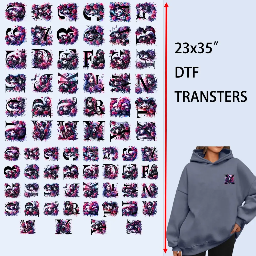72 PCS/Set Iron on Transfers Gothic Vampire Rose Alphabet & Numbers DTF Transfer Set DTF Transfers Ready to Press Heat Transfer Stickers Iron on Decals for T Shirts Hoodie DIY Crafts Summervibes