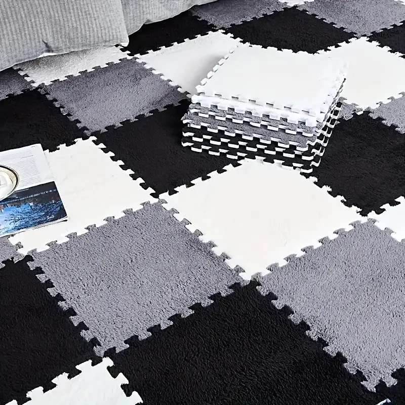 24-piece plush interlocking carpet tiles, each measuring 11.8 inches × 11.8 inches, made from non-toxic foam material, washable, slip-resistant design, EVA foam interlocking carpet tiles, suitable for home flooring, nurseries, and playrooms.