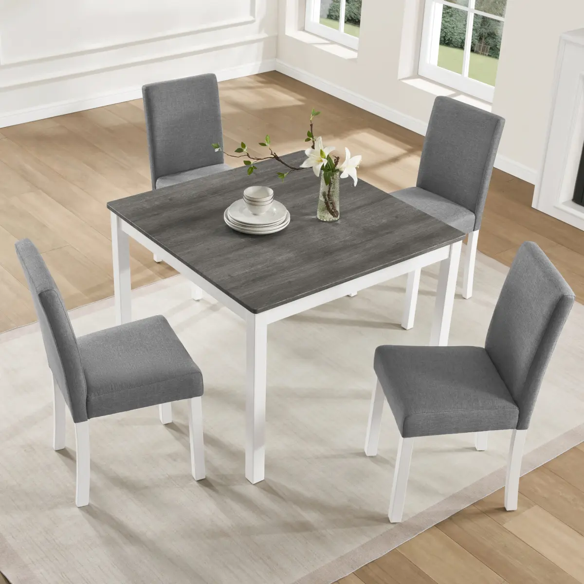 [Bellemave] 5-Piece Dining Table Set| Wooden Square Kitchen Table with 4 Upholstered Chairs