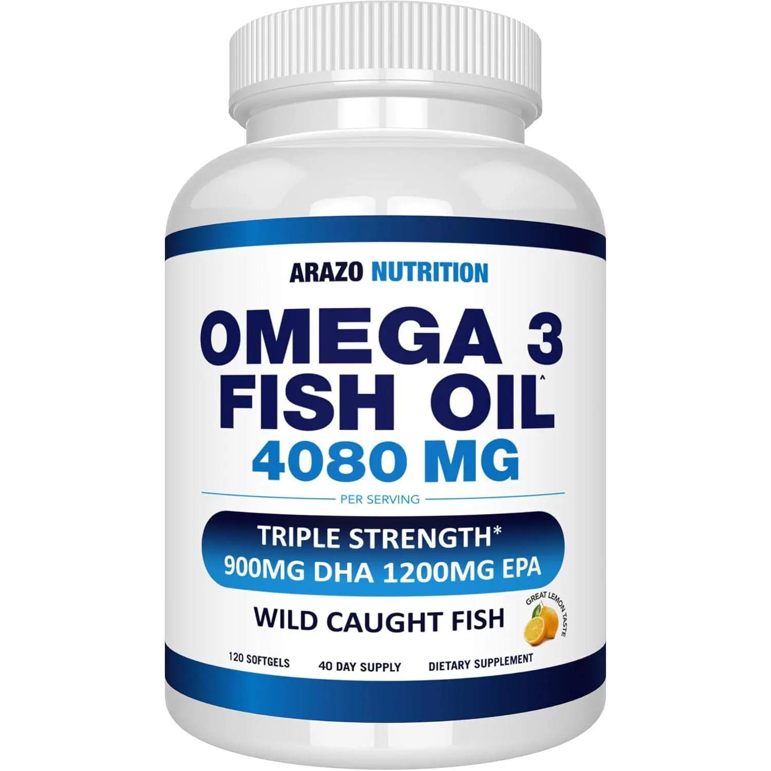 Wild Caught Omega 3 Fish Oil Concentrate 4080 mg per Serving High EPA 1200 mg and DHA 900 mg Triple Strength Essential Fatty Acids Dietary Supplement 120 Burpless Lemon Flavored Softgels for Heart Brain Joint Support