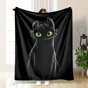 Toothless Night Fury Dragon Flannel Blanket Glowing Green Eyes Minimalist Sketch Art Print Soft Warm Cozy Lightweight Throw Ideal for Sofa Bedroom Office Travel Gift Decor Use