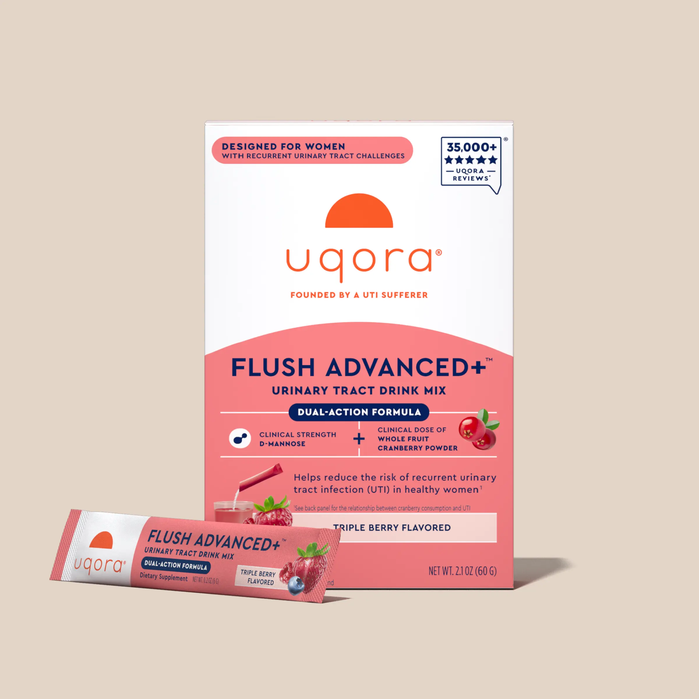 Uqora Flush Advanced+ - Helps Reduce Risk of Recurrent UTI** - With Cranberry, D-Mannose, Vitamin C, Vitamin B6 & Potassium - Gluten-Free & Vegan - Triple Berry Flavor