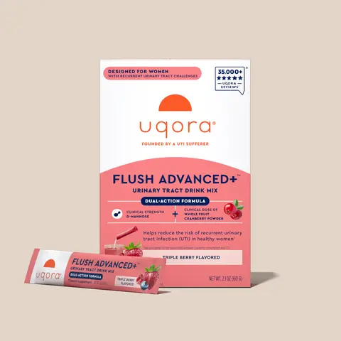 Uqora Flush Advanced+ Drink Mix - Reduces Recurrent UTI Risk - With Cranberry, D-Mannose, Vitamin C, Vitamin B6, Potassium - Gluten-Free, Vegan - Triple Berry Flavor