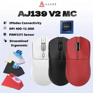 AJAZZ AJ139 V2 MC Gaming Mouse with Charging Base Adjustable 12,000 DPI PAW3311 Sensor 3 Modes Wireless Mouse 500mAh Battery 1000 Polling Rate 66g Lightweight Win/Mac White Black Red gifts for boyfriend valentines gift for bf ajazz mouse