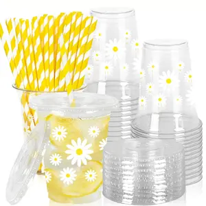 20 Sets Transparent Clear Daisy Disposable Cups with Lids and Straws, 12 Oz Reusable Plastic Cups for Drinks, Party Supplies, Perfect for Spring Parties and Daily Use