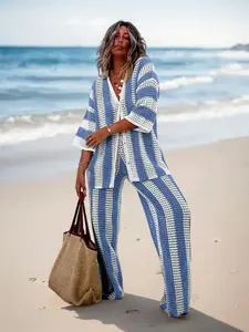 Elegant Women's Knit Set, Striped Colorblock Cardigan & Wide Leg Pants, Casual Fashion, Chic Comfortable Fit, Perfect for Fall & Winter