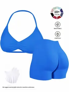 Women's Halter Neck Yoga Set, High Waist Butt Lifting Shorts, Breathable Quick Dry 2 Piece, Activewear Clothes, Gym Workout, Fitness & Daily Wear, Sportswear Set