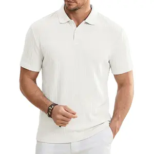 Dokotoo Men Polo Shirt Textured Short Sleeve Summer Button Collar Knitted Golf Polos