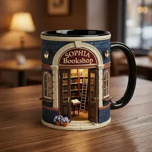 Personalized Bookshop Mug, 3D Effect Ceramic Coffee Mug with Custom Name, Vintage Bookcase Library Mug for Book Lovers Readers and Teachers, Cozy Reading Nook Desk Cup, Perfect Christmas Birthday Gift Idea for Bibliophiles