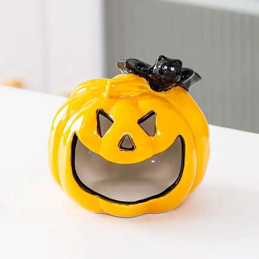 Ceramic Pumpkin Candle Holder – Halloween Tealight Holder, Hand-Painted Jack-O'-Lantern Festive Decor