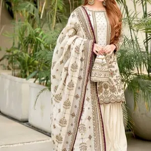 Gorgess Pakistani Sharara 3 Piece Super Comfortable All Over Work on Dupatta with Embroidered Details and Elegant Design