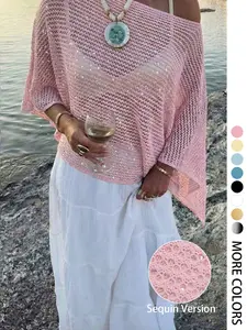 Elegant Women's Spring Summer Fashion Chic Casual Knitted Hollow Out Hoodie, Sequin Boat Neck Pure Color Semi-Transparent Top