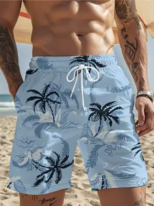 Men's light blue palm tree pattern summer beach shorts, featuring a classic Hawaiian vacation style, loose fit, equipped with a drawstring, breathable, quick-drying, multi-functional swim trunks