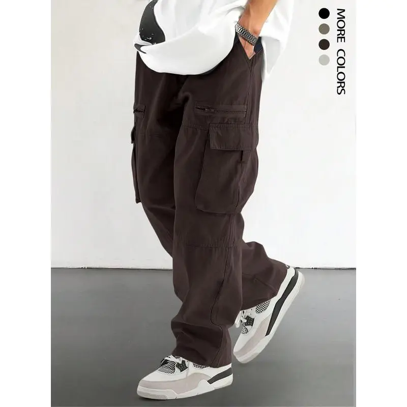Men's Loose Solid Pocket Drawstring Waist Cargo Pants, Unisex Casual Comfy Zipper Cargo Pants for Daily Outdoor Wear, Women Woven Bottoms for All Seasons, Menswear