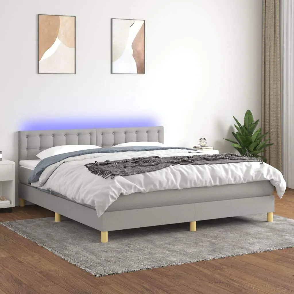 Box Spring Bed with Mattress&LED Light Gray King Fabric