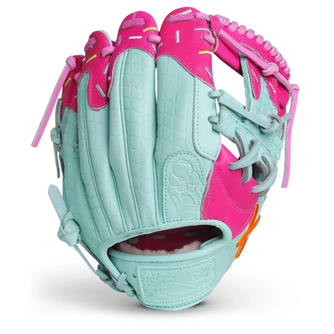 Miami Ice Softball & Baseball Glove - Handmade Japanese Kip Leather Mitt with Waffle Cone Pattern & Luxury Sheep Wool Wrist Strap, Handmade Craft, Fine Point Embroidery, Artistic Look, Unisex, Ice Cream Theme