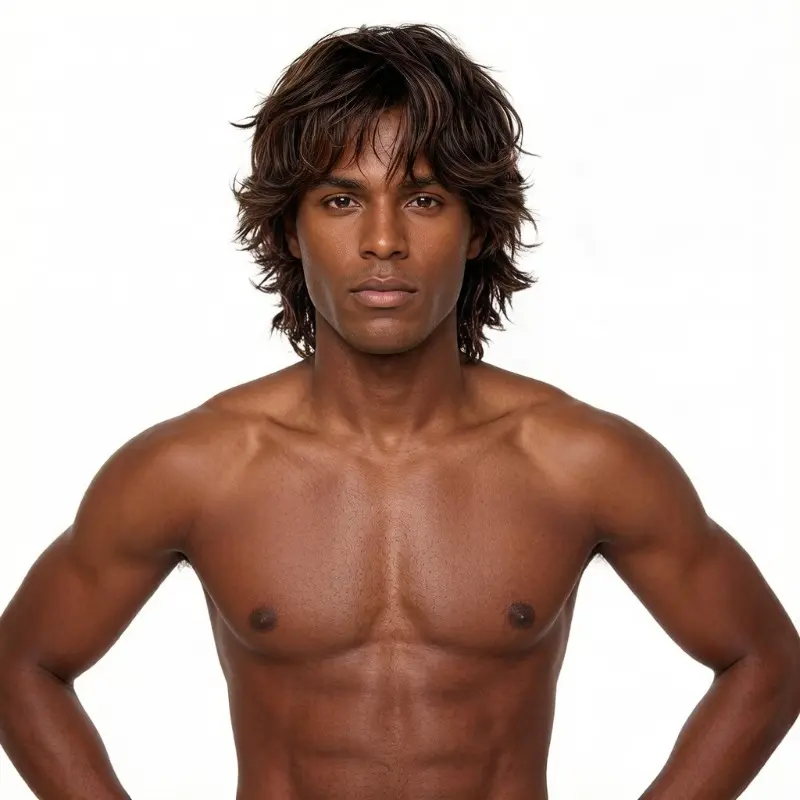 Brown And Black Highlighted Wolf Tail Layer Medium-Length Role-Playing Wig, Retro Men'S Broken Bangs, Laid-Back Curly Hair Head Cover, Party Stage Look