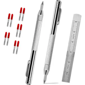 2 Pack Tungsten Carbide Tip Scriber Tool with 10 Refills 1 Ruler, Metal Scribe Scriber Marking Tools with , Premium Etching Engraving Pen for Metal Sheet/Glass//Leather