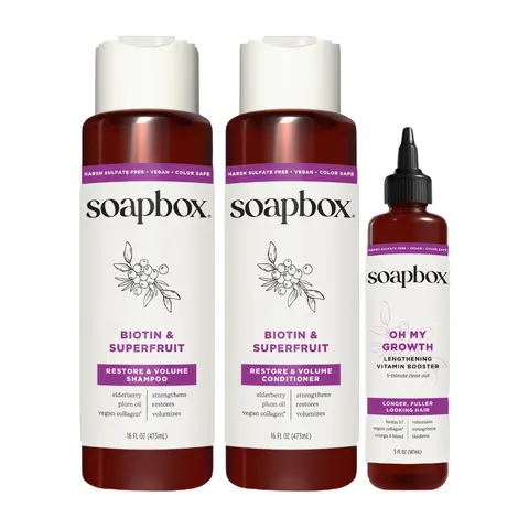 Soapbox Biotin & Superfruit Haircare Essentials Bundle - Shampoo, Conditioner & Growth Serum Set - Vegan Collagen, Elderberry & Shea for Fuller, Thicker Hair - Color-Safe, Sulfate & Paraben-Free