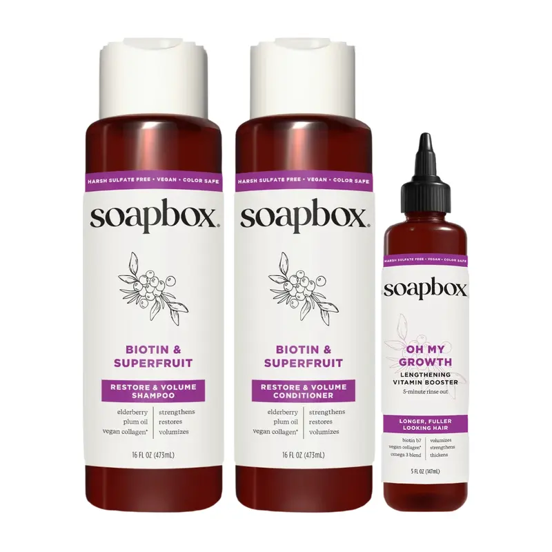 Soapbox Biotin & Superfruit Haircare Essentials Bundle - Shampoo, Conditioner & Growth Serum Set - Vegan Collagen, Elderberry & Shea for Fuller, Thicker Hair - Color-Safe, Sulfate & Paraben-Free