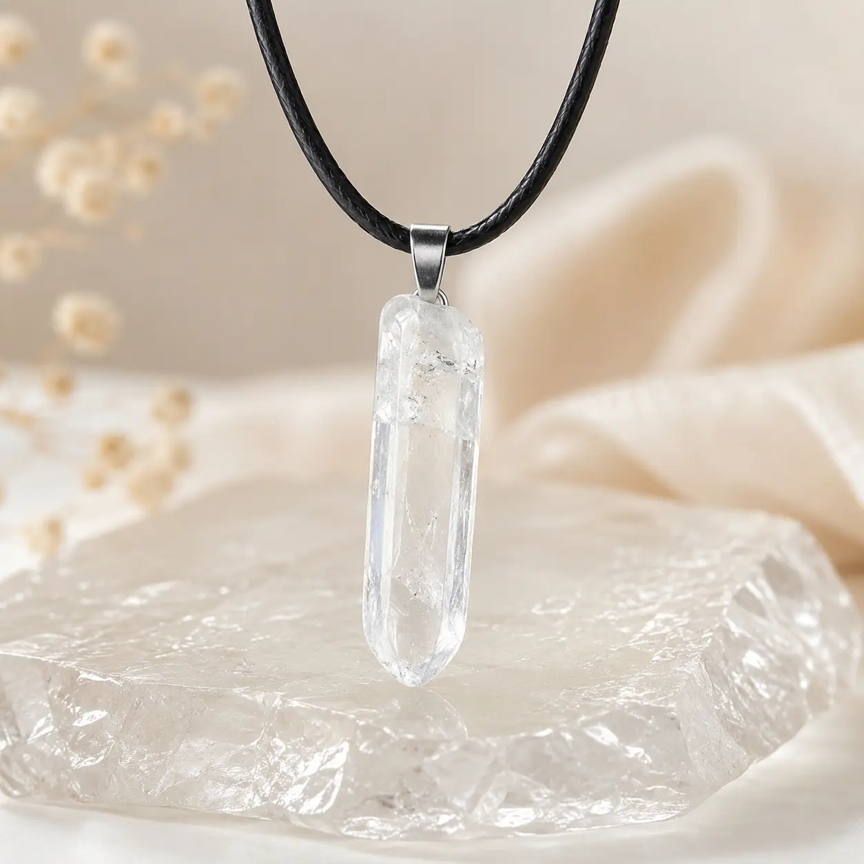 Natural Clear Crystal Point Pendant Necklace for Women & Men, Unique Stone Charm with Silver-Tone Bail and Black Cord, Minimalist Everyday Jewelry Gift chain