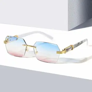 1 pair Of New Men'S And Women'S Universal Frameless Retro Thick PC Lenses, Metal Hinges, Marble Pattern, Sunscreen Fashionable Sunglasses, Fashionable Sunglasses