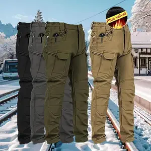 Windproof/Warm Men’s Outdoor Military Tactical Pants | Softshell wool waistband, woven fabric, with pockets, no belt included, casual weekend wear for autumn and winter