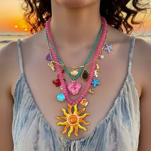 Light luxury ocean vacation style, colorful dopamine multi-layered layered necklace with alloy sun and face pendants for women