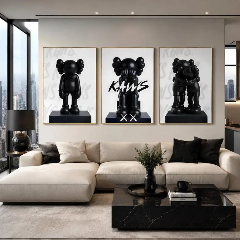 Black KAWS Wall Art Poster Set of 3, Hypebeast Room Decor, Emotional Companion Prints, Room Aesthetic Posters, Black White Decor Decor Unframed HD Print Home Office Decor Unique Trendy Christmas Gift