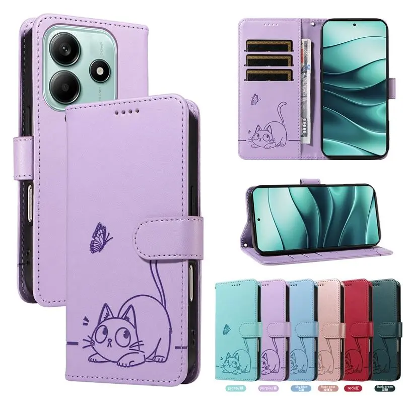 Magnetic Leather Wallet Flip Cover Case for Xiaomi Redmi Note 8 8T 9 10 11 12 13 14 Pro 4G 5G | Cat & Butterfly Embossed Design
