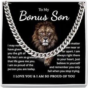 To Bonus Son Cuban Link Chain Necklace From Bonus Mom Dad, Bonus Son Necklaces Gifts, Birthday Christmas Gift For Bonus Son, Son Gift With Message Card And Meaning