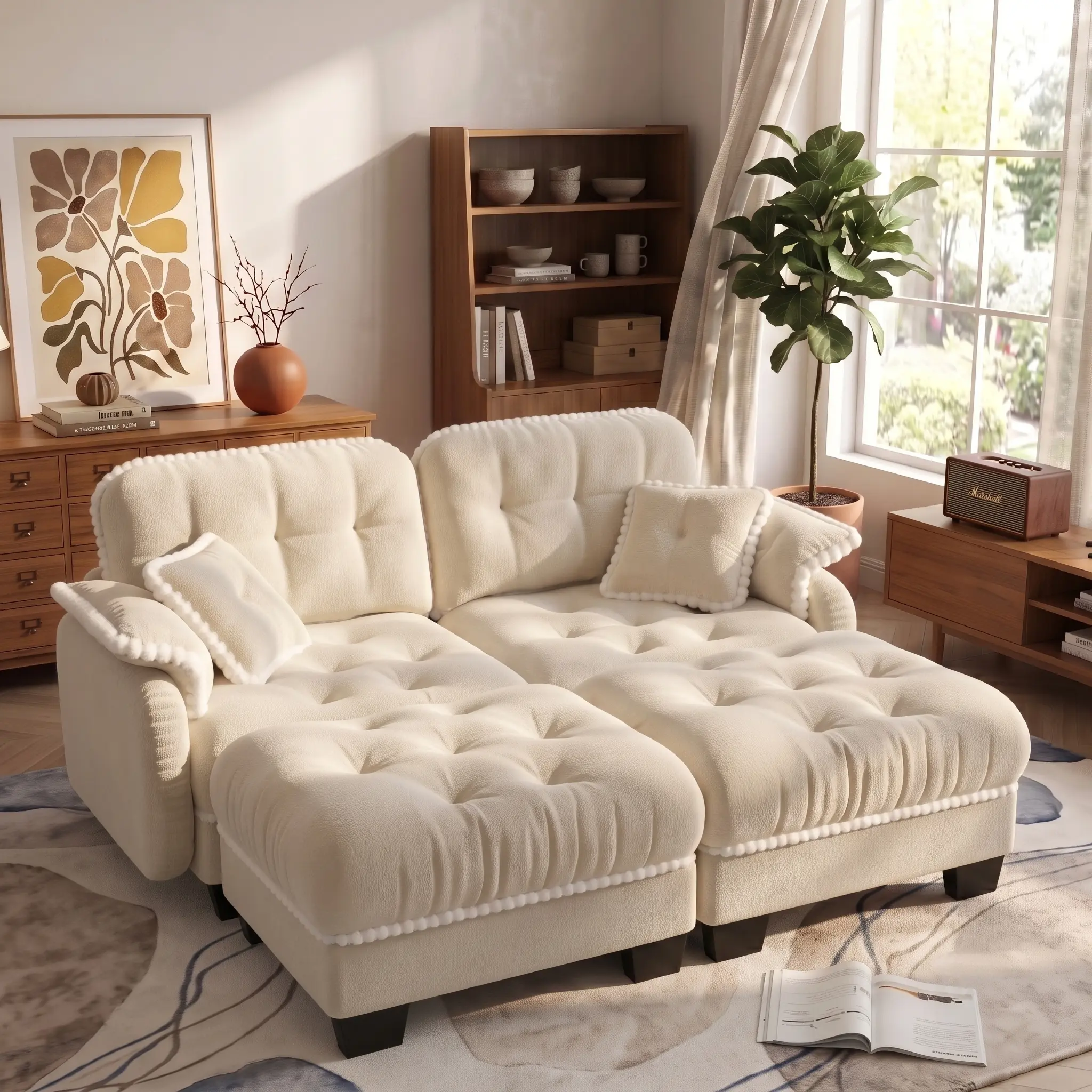 Eyisean 70-in Chenille Modern Loveseat Sectional Couch - Modular Cloud Sectional Couch with Armrest Pillow, Back Cushion, 2 Movable Ottomans, Pom-Pom Trim, Quilted Tufted Deep Seat, Sponge Ergonomic Design for Living Room, Home Office, Comfy Couch, 3D-Tex
