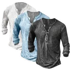 Men's Distressed Plain Henley Long-Sleeve Top - Retro Washed Cotton Button-Down Casual Mensfashion Shirt, Father's Day Gift