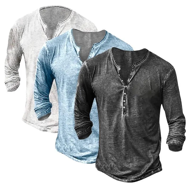 Men's Retro Style Henley Shirt in Soft Distressed Washed Cotton, Long Sleeve Casual Slim Fit Top with 7-Button Placket, M, Buttons, Tshirt, V-Neck