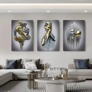 3pcs Modern Art Metal Statue Canvas Painting Decoration Romantic Abstract Poster Living Room Bedroom Frameless Decoration Painting