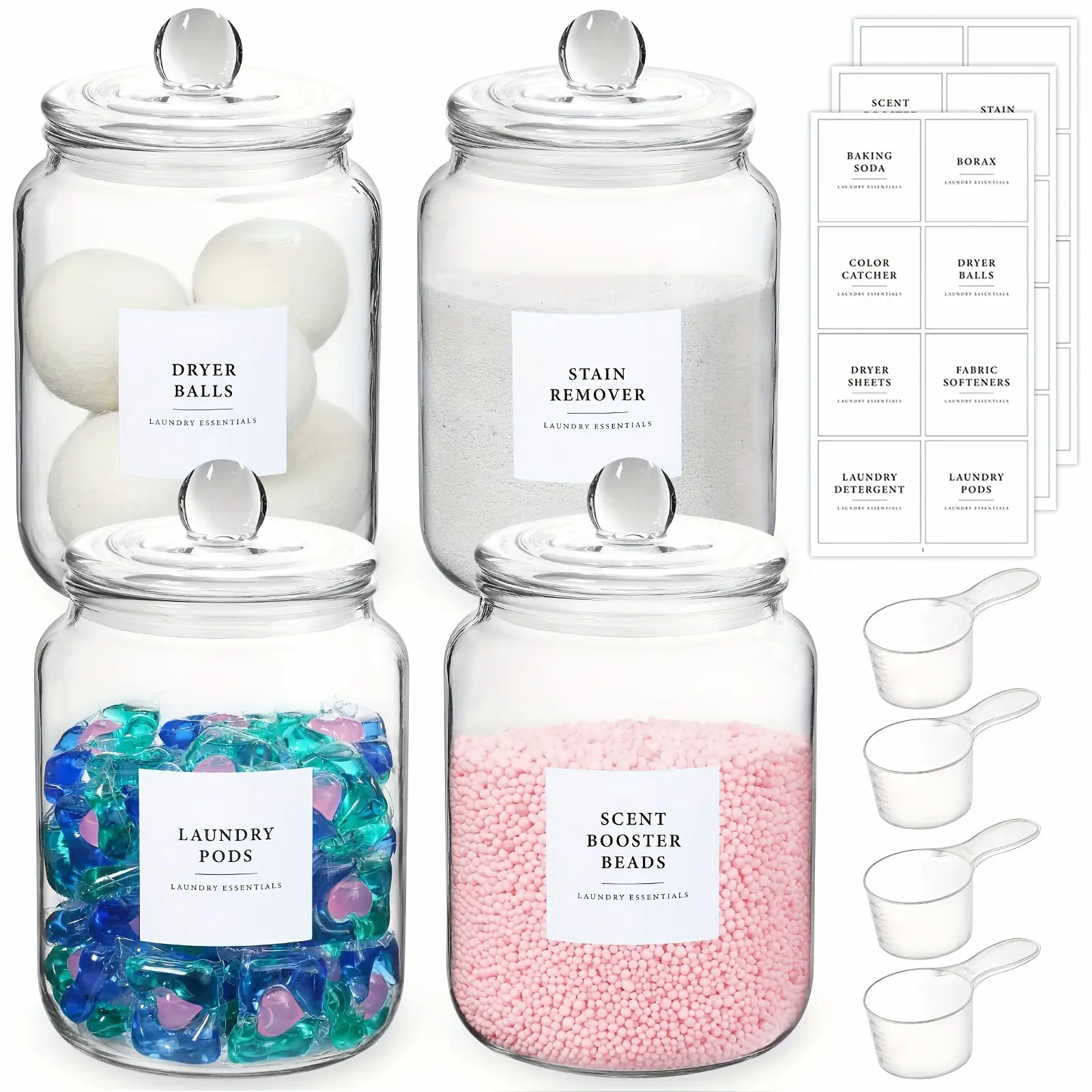 Glass Jars with Airtight Lids And Labels, Half Gallon Storage Containers with Spoons for Laundry Detergent, Pods, Scent Booster Beads, 1 2 3 4 Pack, Canisters
