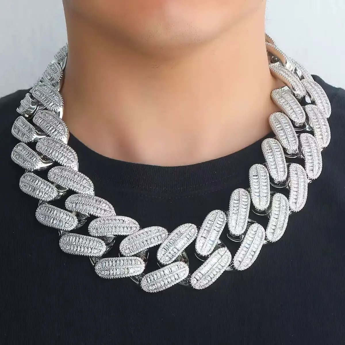 M2-2138 Ultra Wide Baguette Cut Cuban Link Chain Necklace Heavy Iced Out Choker for Men Streetwear Jewelry Bold Statement Piece summerwins