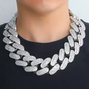 M2-2138 Ultra Wide Baguette Cut Cuban Link Chain Necklace Heavy Iced Out Choker for Men Streetwear Jewelry Bold Statement Piece outdoorfun