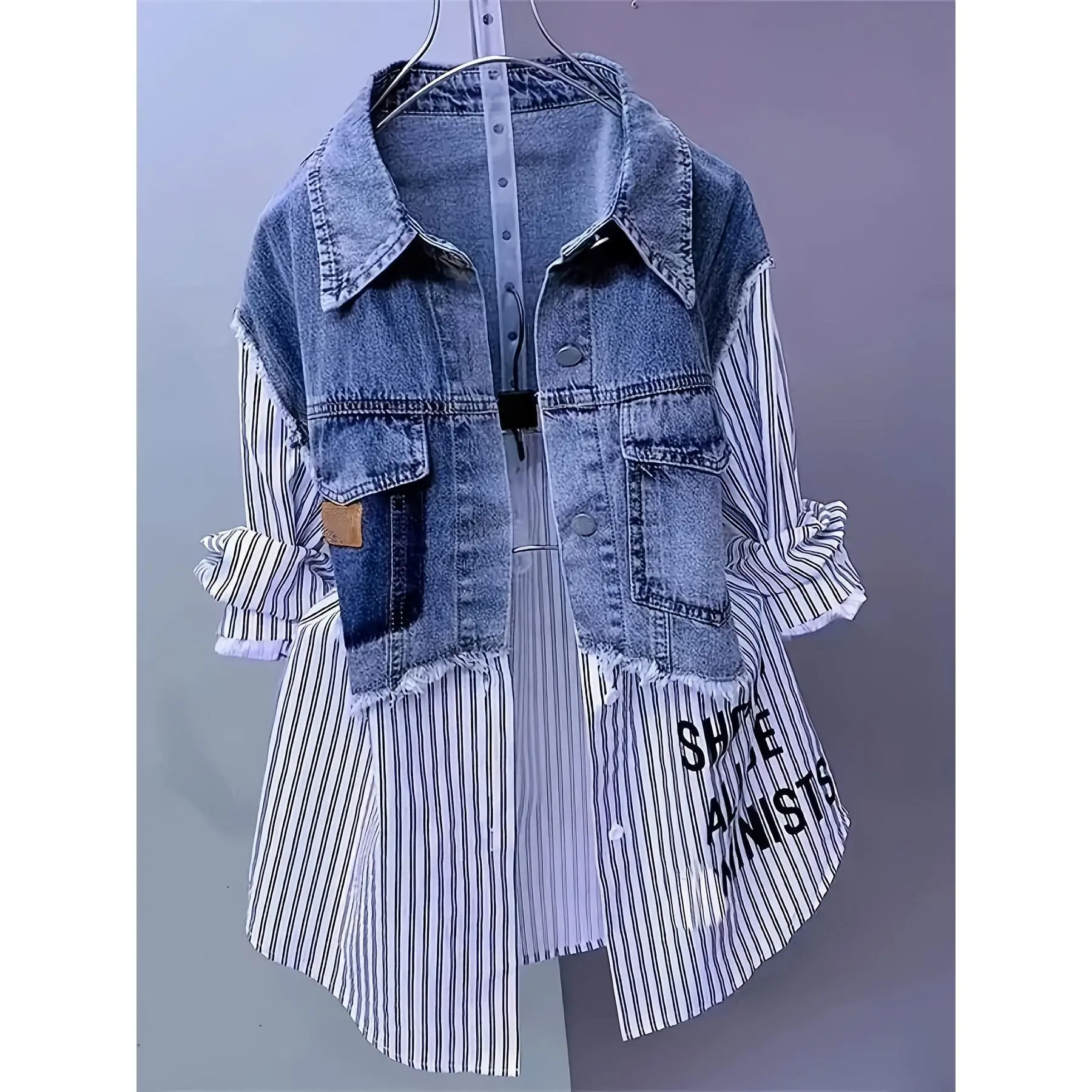 Women's Fashion Striped Spliced Denim Blouse - Collared Long Sleeve Fitted White Print, Comfortable Korean Style Spring-Autumn Casual Outerwear Jacket Coat