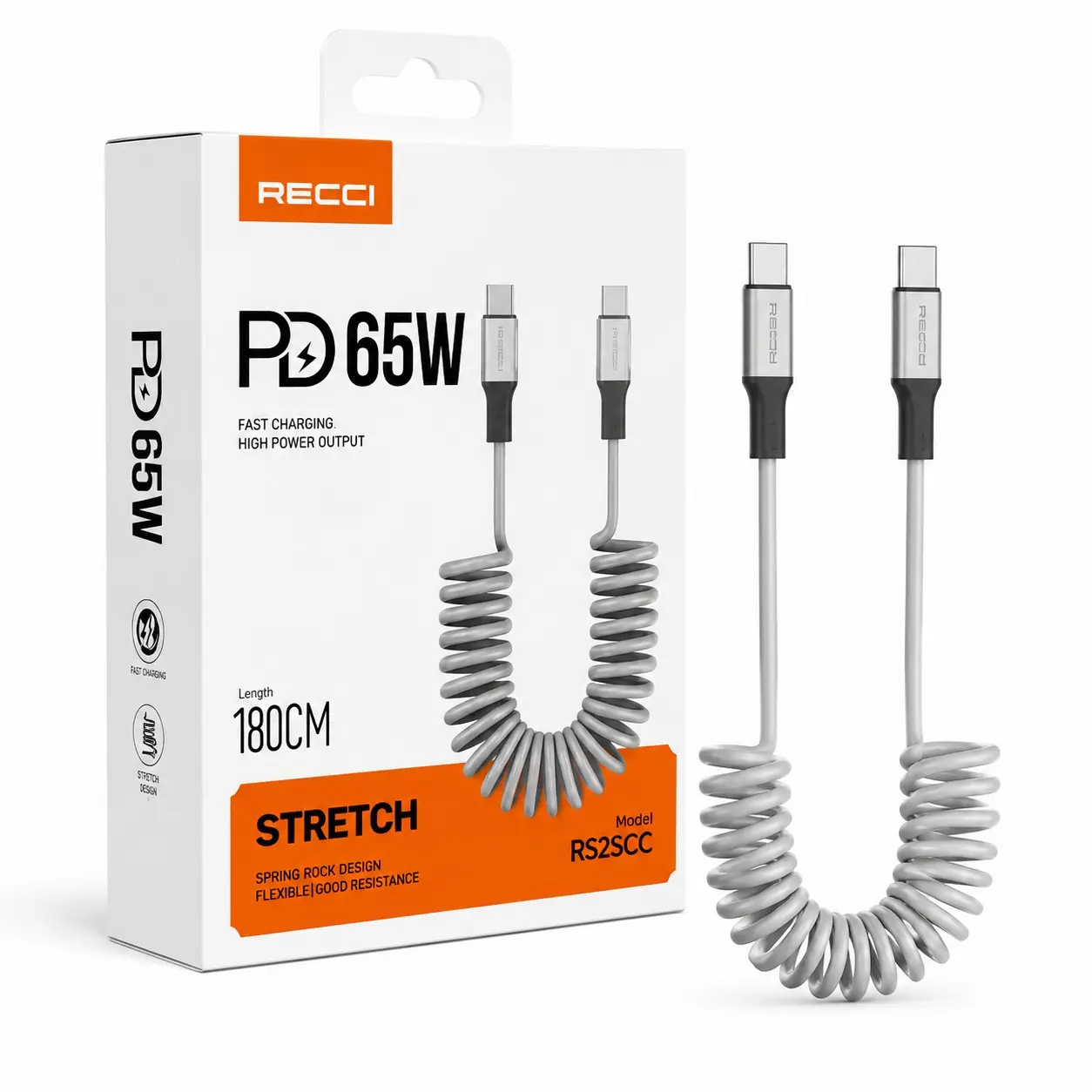 Stretchable Coiled USB-C Fast Charging Cable | Retractable Type-C Charger Cord | Durable Data Sync Cable