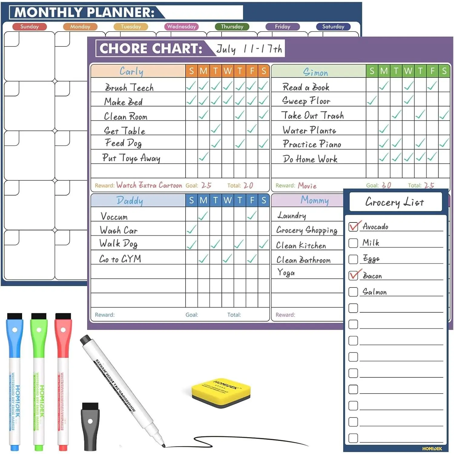 Fridge Calendar , Dry Erase Whiteboard Calendar and Family Chore Chart for  Adults with  List, Dry Erase Markers and Eraser - 14 x 11 Inches