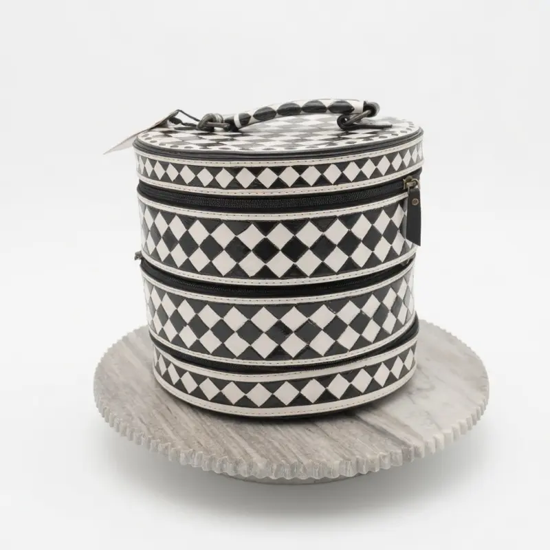 3 TIER CHECKERED LEATHER TRAVEL JEWELRY BOX