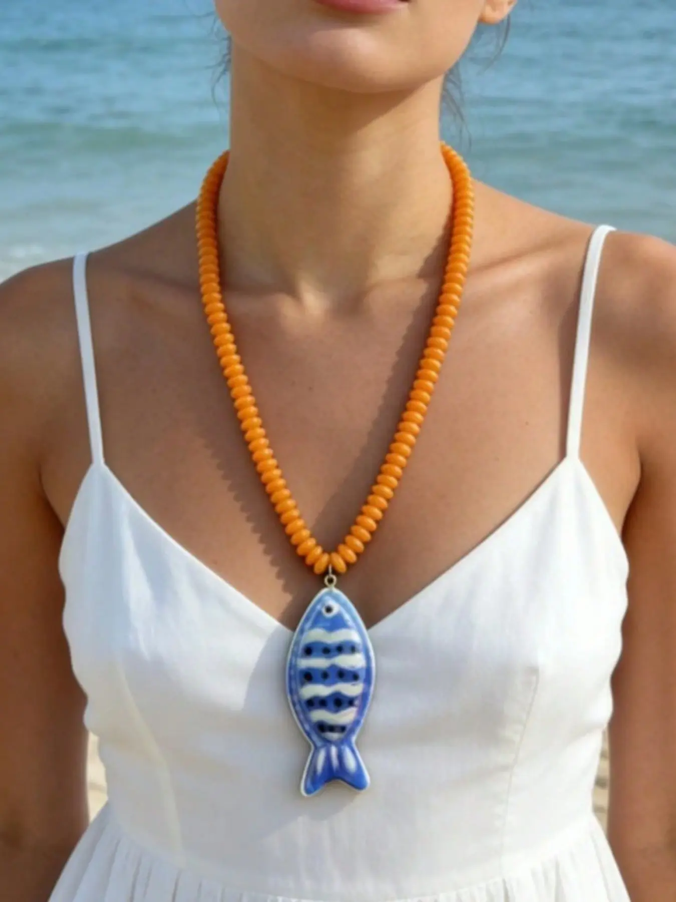 ZA Women's Handpainted Fish Pendant Beaded Necklace, Multicolor Bohemian Ocean Style, Summer Beach Fashion Jewelry Party.